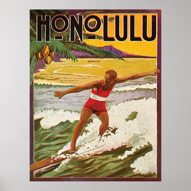 Surfer on Honolulu tropic beach, vintage travel Poster (Front)