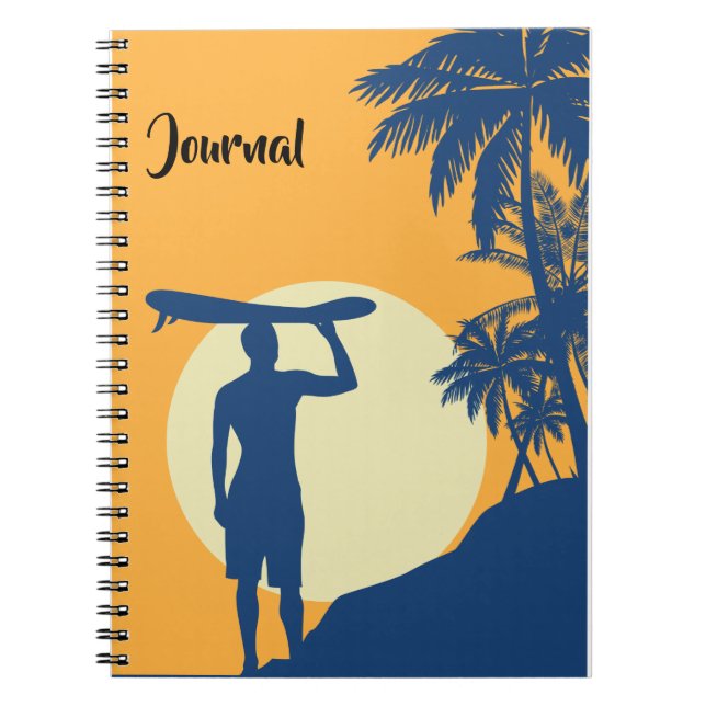 Surfer, palm tree, cliff, Sun, Moon, surfer Notebook (Front)
