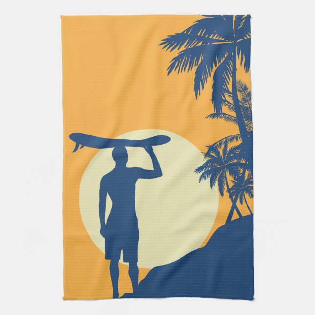 Surfer, palm tree, cliff, sun, surfer, kitchen kitchen towel (Vertical)