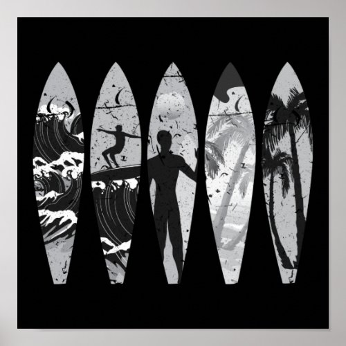 Surfer Palm Tree Surfboard Sunset Wave Poster