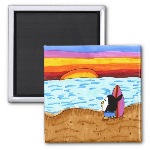 Surfer Penguin Cute Beach Sunrise Coastal Magnet