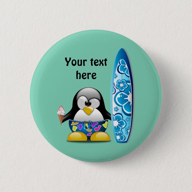 Surfer Penguin with Ice Cream Button (Front)