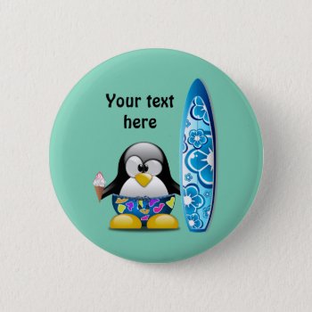 Surfer Penguin With Ice Cream Button by Tissling at Zazzle