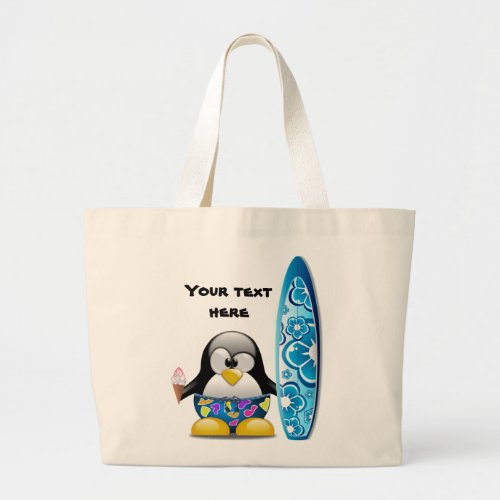 Surfer Penguin with Ice Cream Large Tote Bag