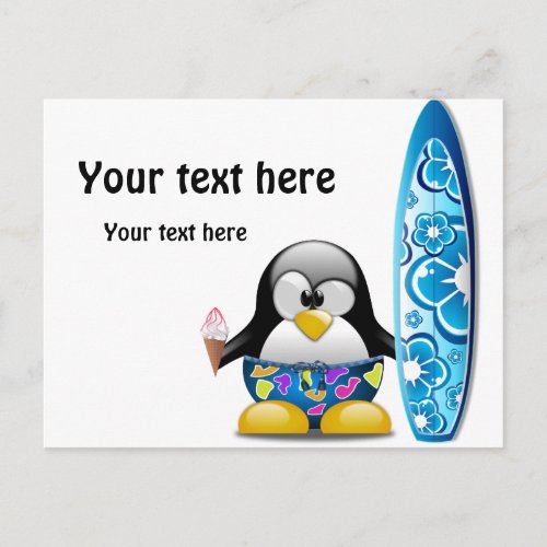 Surfer Penguin with Ice Cream Postcard