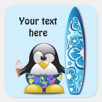 Surfer Penguin With Ice Cream Square Sticker by Tissling at Zazzle