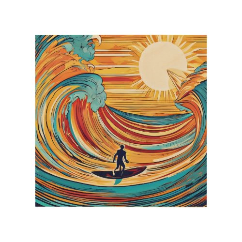 Surfer Riding the Waves in a Mesmerizing Sunlit  Wood Wall Art