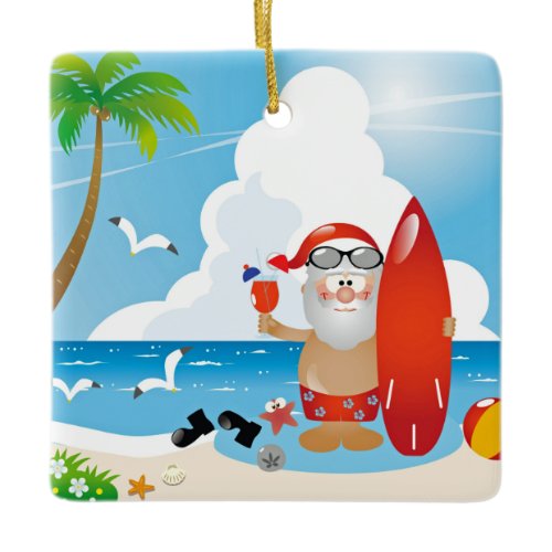surfer santa claus ceramic ornament