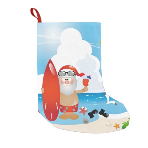 surfer santa claus small christmas stocking