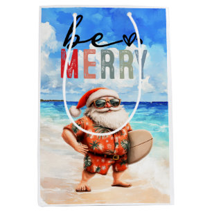 Surfer Santa with his surf board at the beach Medium Gift Bag