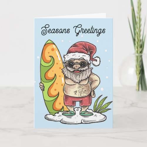 Surfer Santa with Tattoo Christmas Card