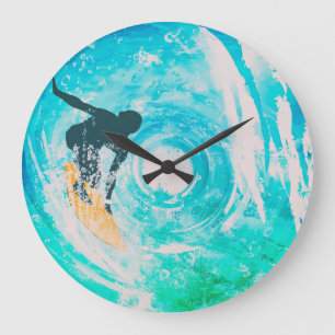 Surfer Silhouette And Blue Water Waves Wall Clock