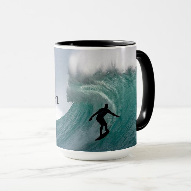 Surfer silhouette Catching a huge wave Personalize Mug (Front Right)