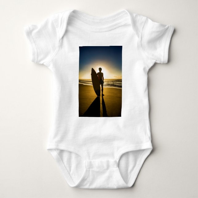 Surfer silhouette during sunrise baby bodysuit (Front)
