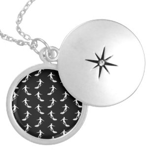 Surfer Silhouette Surfing with Surfboard Pattern Locket Necklace