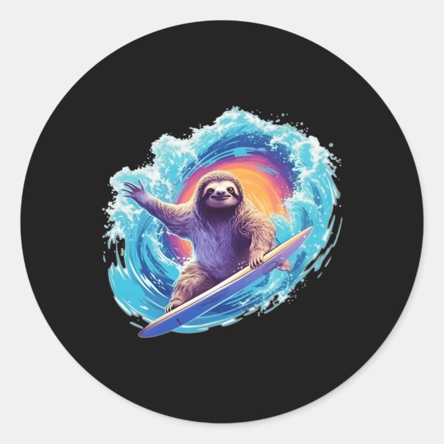 Surfer Sloth Riding Wave With Surfboard Classic Round Sticker (Front)