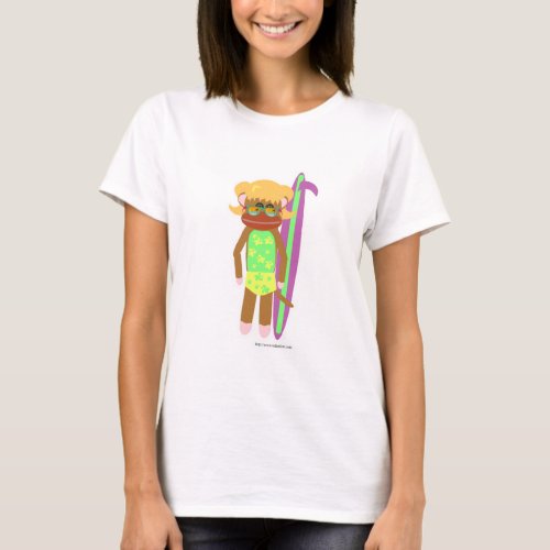 Surfer Sock Monkey Girl Cute Cartoon Illustration T_Shirt