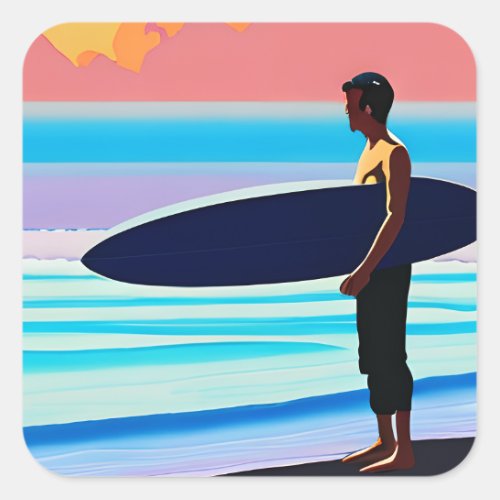 Surfer Standing on a Beach At Sunset  Square Sticker