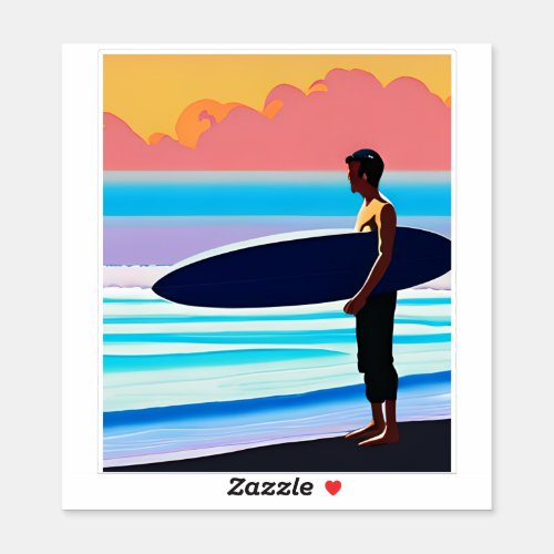 Surfer Standing on a Beach At Sunset  Sticker