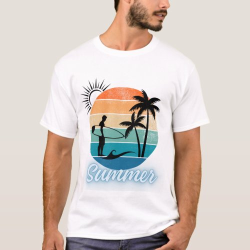 Surfer Summer Holiday Beach Palm Trees T_Shirt