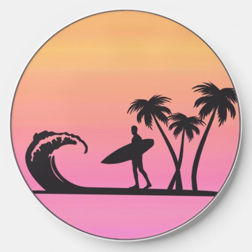 Surfer Sunset Pink and Orange Wireless Charger