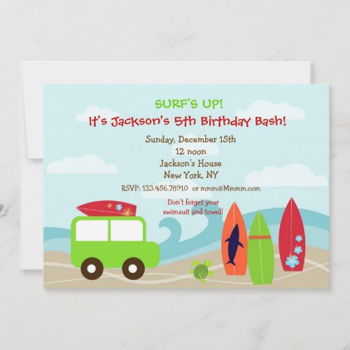 Surfer Surf Birthday Party Invitations