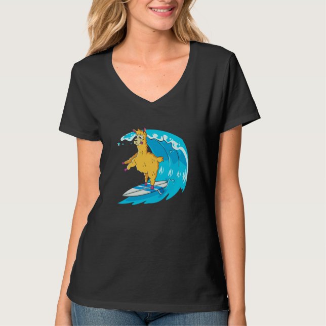 Surfer Surfboard Waves  Surfrider Surfing Llama T-Shirt (Front)