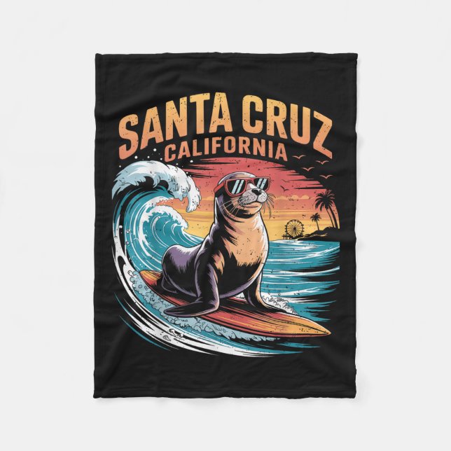 Surfer Surfing 70s 80s Santa Cruz California Retro Fleece Blanket (Front)