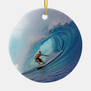 Surfer surfing a huge wave. ceramic ornament