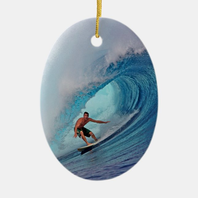 Surfer surfing a huge wave. ceramic ornament (Front)