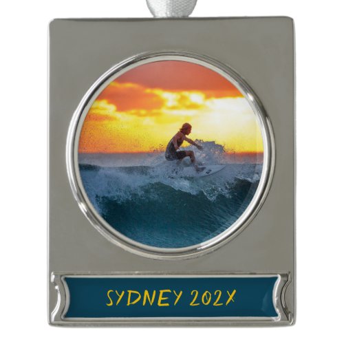 Surfer Surfing Photo Personalized Christmas  Silver Plated Banner Ornament