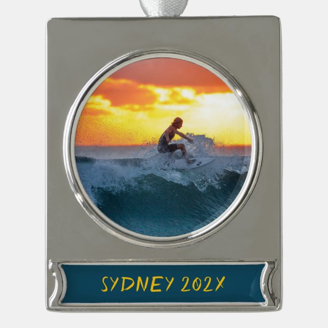 Surfer Surfing Photo Personalized Christmas  Silver Plated Banner Ornament (Front)