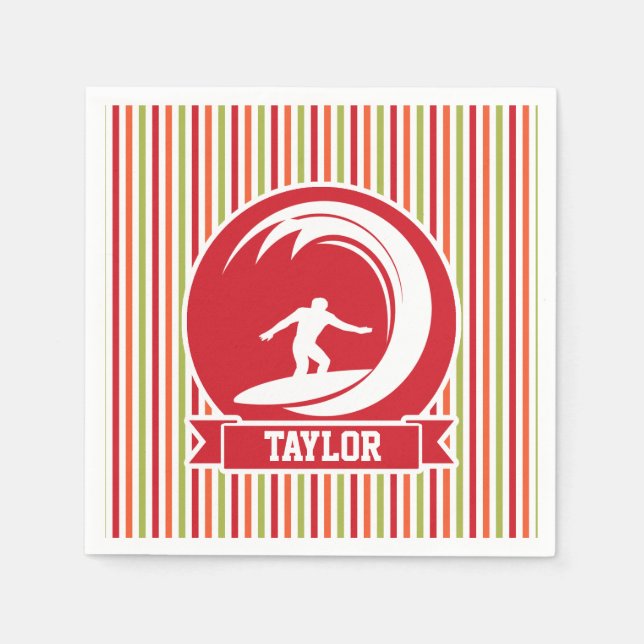 Surfer, Surfing; Red, Orange, Green, White Stripes Napkins (Front)