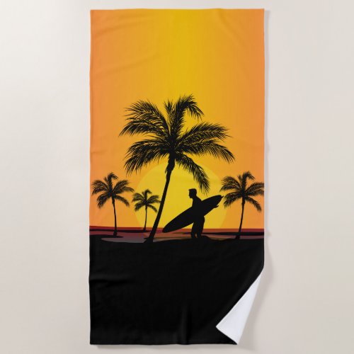 Surfer  walking on beach with surfboard at sunset beach towel