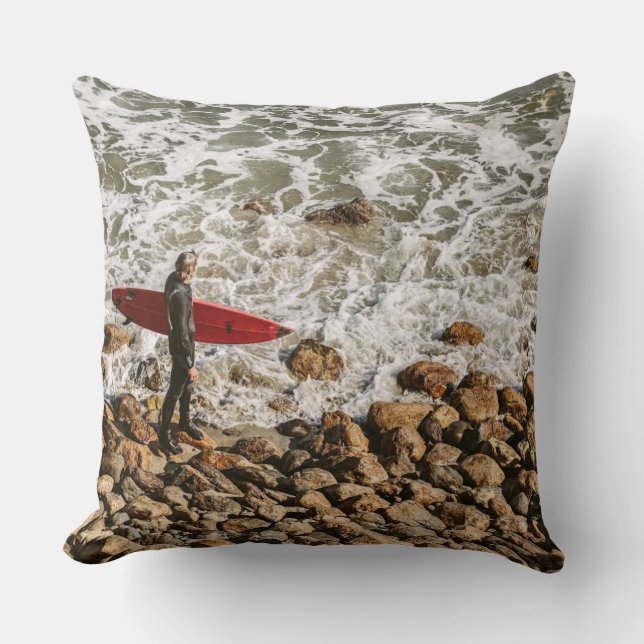 Surfer Walking Rocky Beach, Ocean Waves Coastal  Throw Pillow (Front)