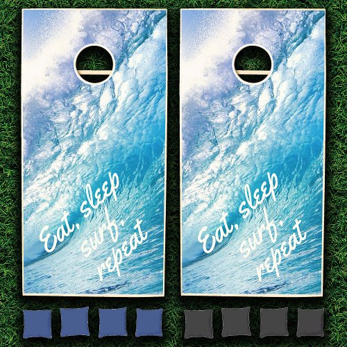 Surfer Wave Ocean Blue White Eat Sleep Surf Repeat Cornhole Set