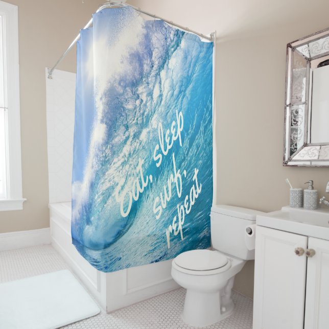 Surfer Wave Ocean Blue White Eat Sleep Surf Repeat Shower Curtain (In Situ)