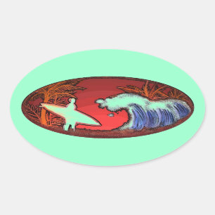 Surfer waves sea green art beach scene stickers