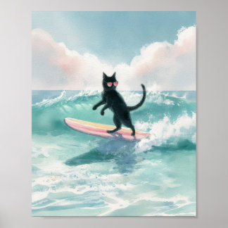Surfer Whimsical Black Cat Watercolor Art Poster