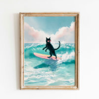 Surfer Whimsical Black Cat Watercolor Art