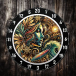 Surfer with Golden Glow Sunset Art Dart Board<br><div class="desc">The "Surfer with Golden Glow Sunset Art" features a surfer standing with their surfboard against a backdrop of a glowing golden sunset, creating an atmosphere of magic and tranquility. This vibrant neon design combines the excitement of surfing with the peaceful beauty of the beach. The golden accents, highlighted by the...</div>