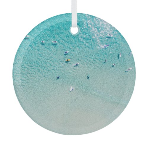 Surfers aerial view, clear ocean. glass ornament