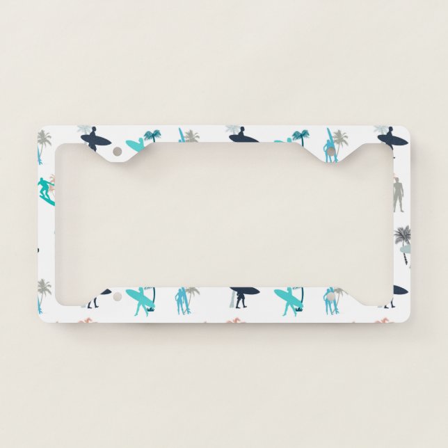 Surfers and Palm Trees Pattern License Plate Frame (Front)