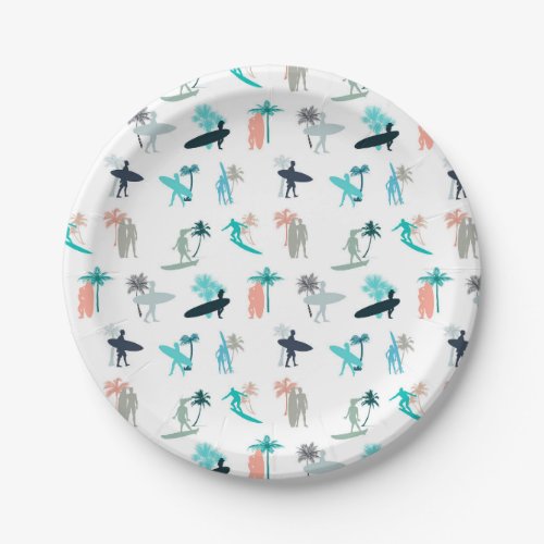 Surfers and Palm Trees Pattern Paper Plates