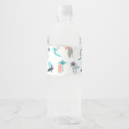 Surfers and Palm Trees Pattern Water Bottle Label