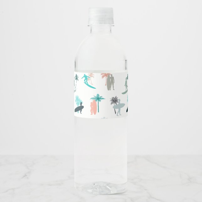 Surfers and Palm Trees Pattern Water Bottle Label (Front)