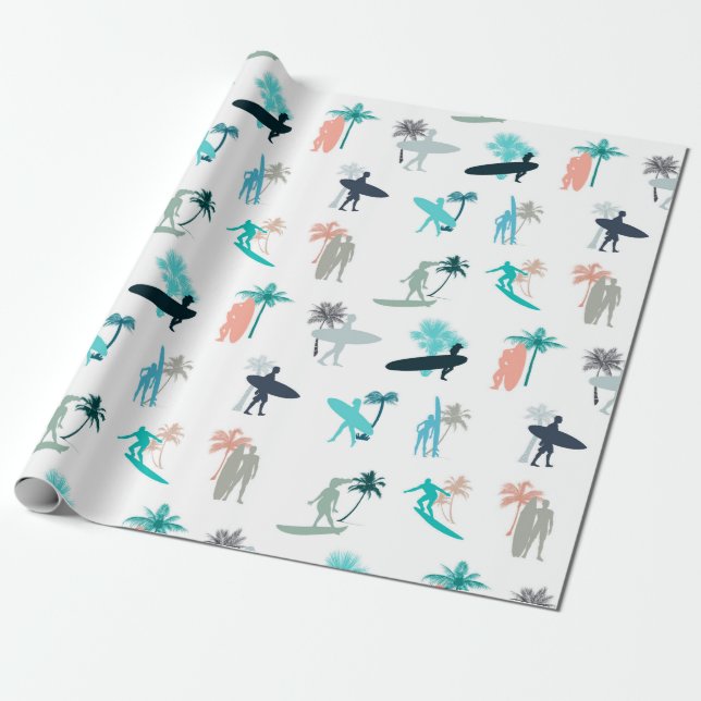 Surfers and Palm Trees Pattern Wrapping Paper (Unrolled)