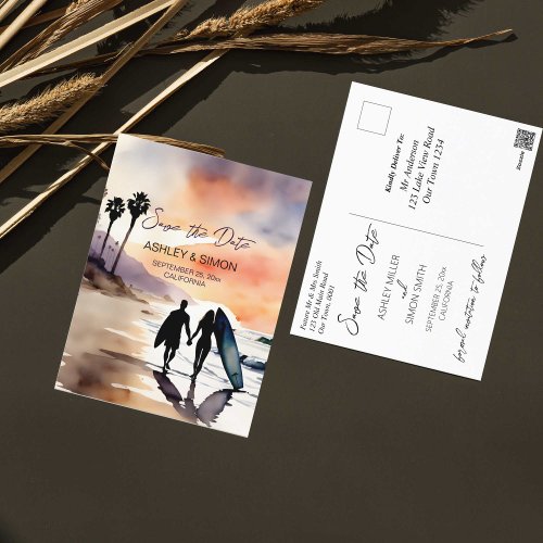 Surfers couple at sunset watercolor save the date postcard