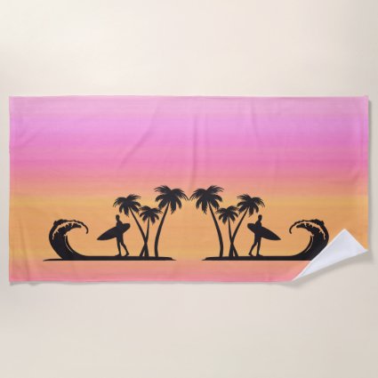 Surfers in Silhouette Pink Sunset Beach Towel