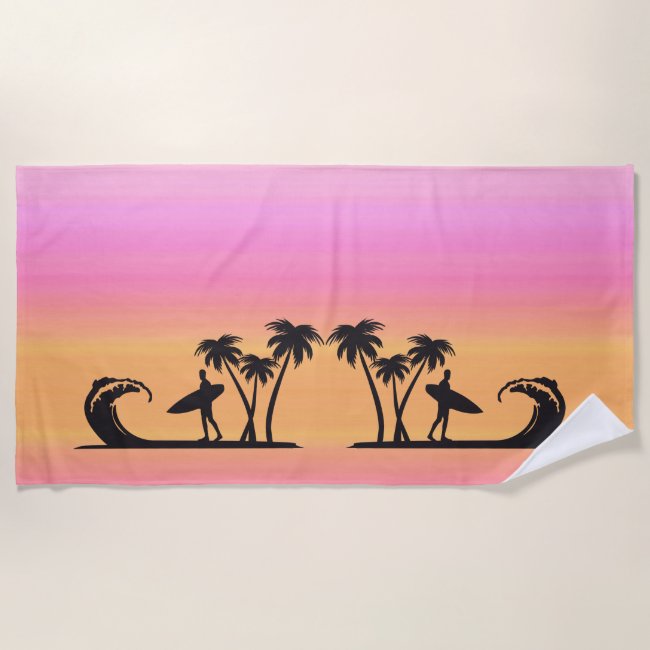 Surfers in Silhouette Pink Sunset Beach Towel